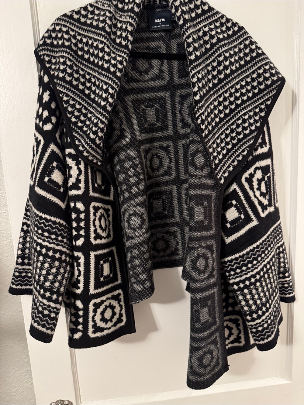Maeve Black & White Geometric Open Drape Cardigan
